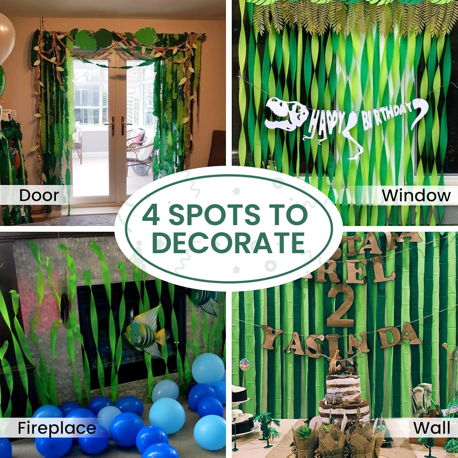 PartyWoo Crepe Paper Streamers Green 4 Rolls 328ft