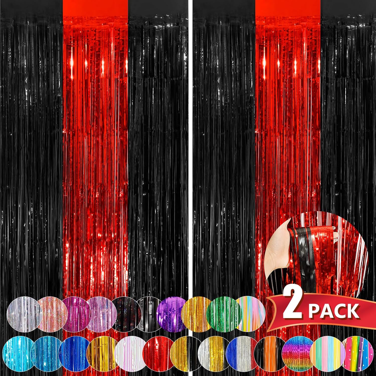 Foil Fringe Curtains 2 Pack Black Red Tinsel Party Decor