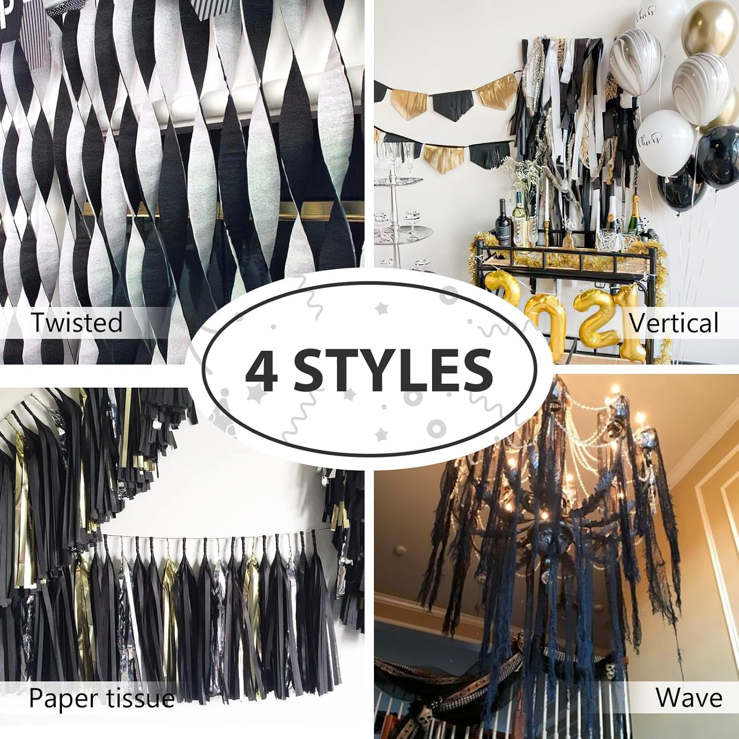 PartyWoo Black Crepe Paper Streamers 4 Rolls 328ft Pack