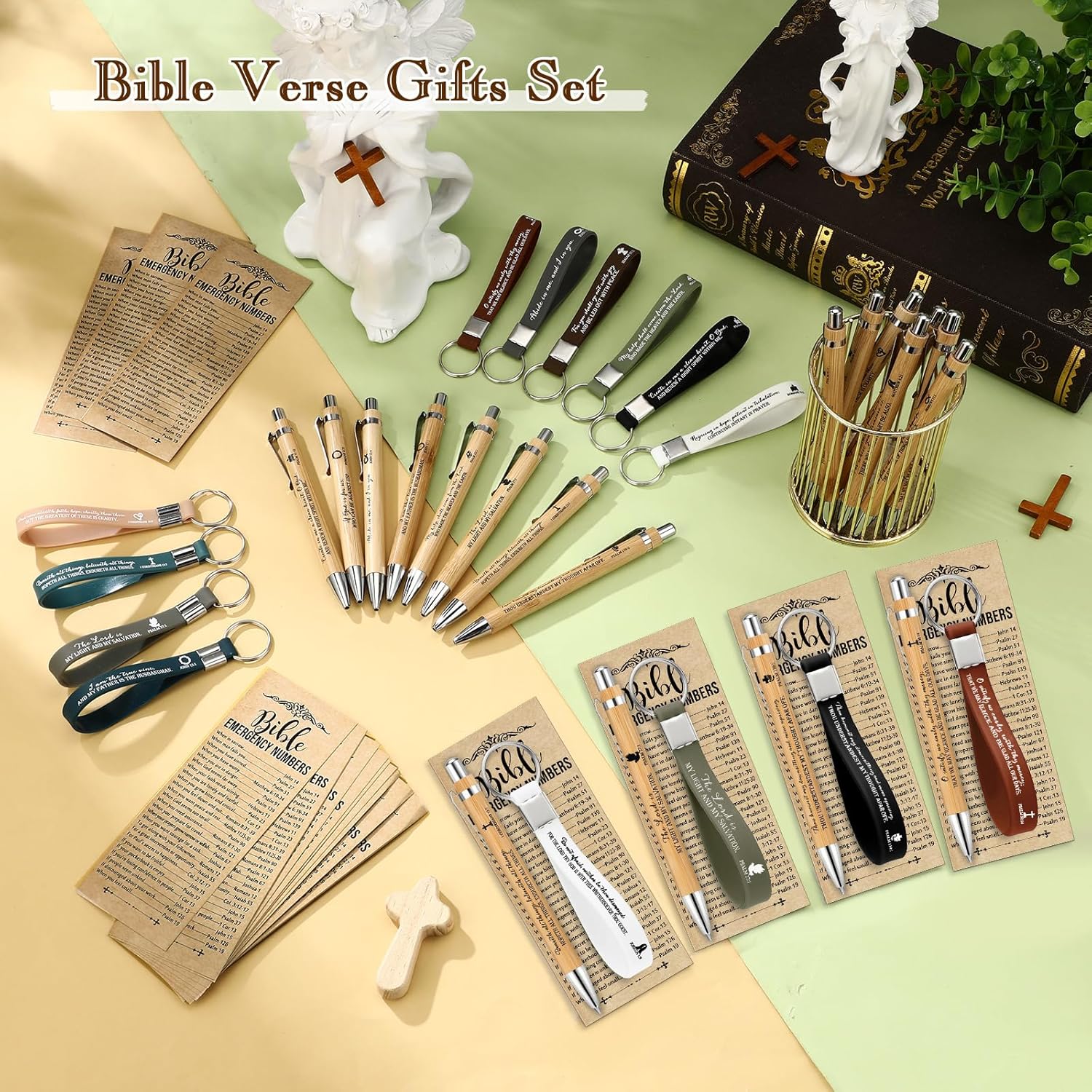 50 Set Christian Gift Bundle Bamboo Pens Scripture Keychains Bible Bookmarks
