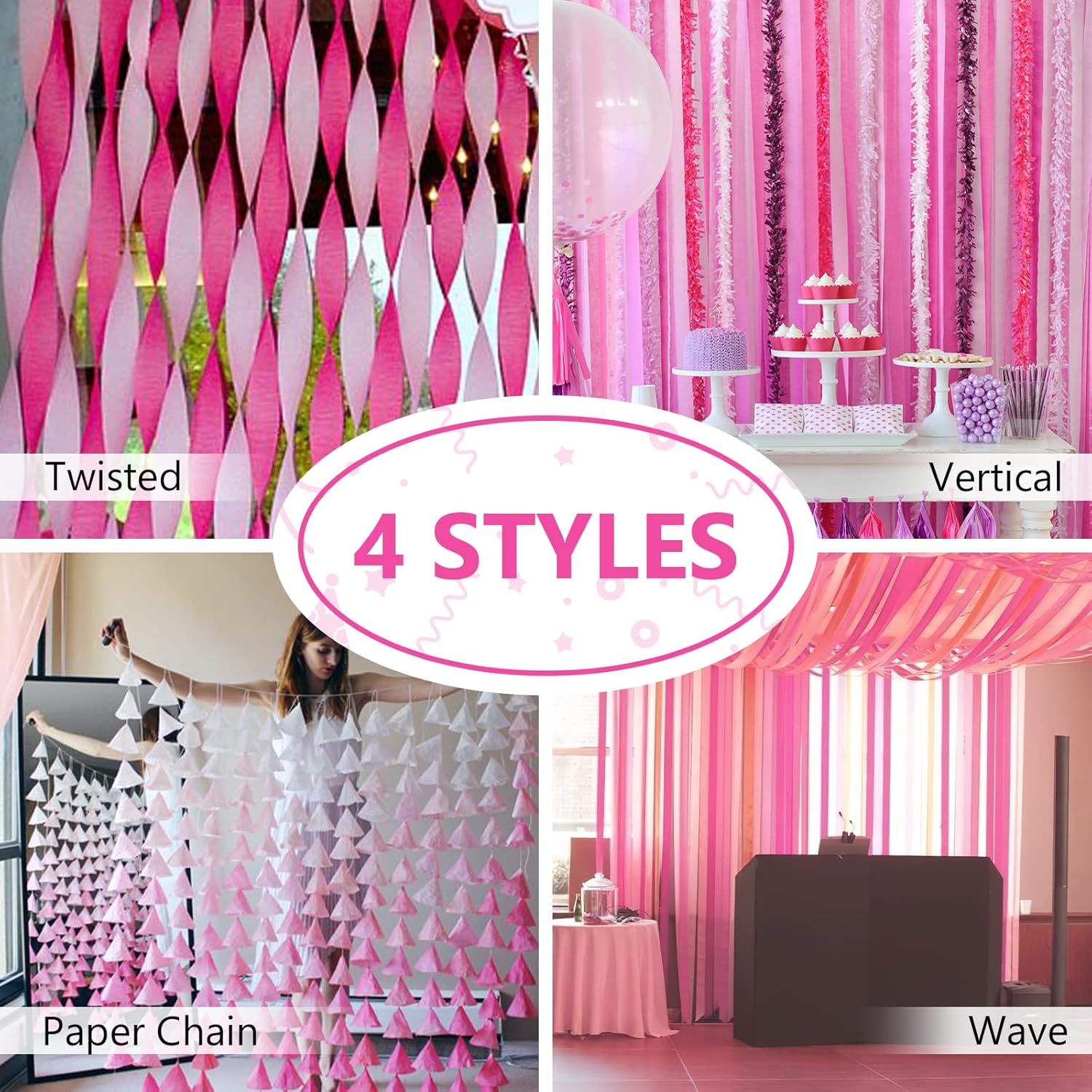 PartyWoo Crepe Paper Streamers 4 Rolls Hot Pink and Pink