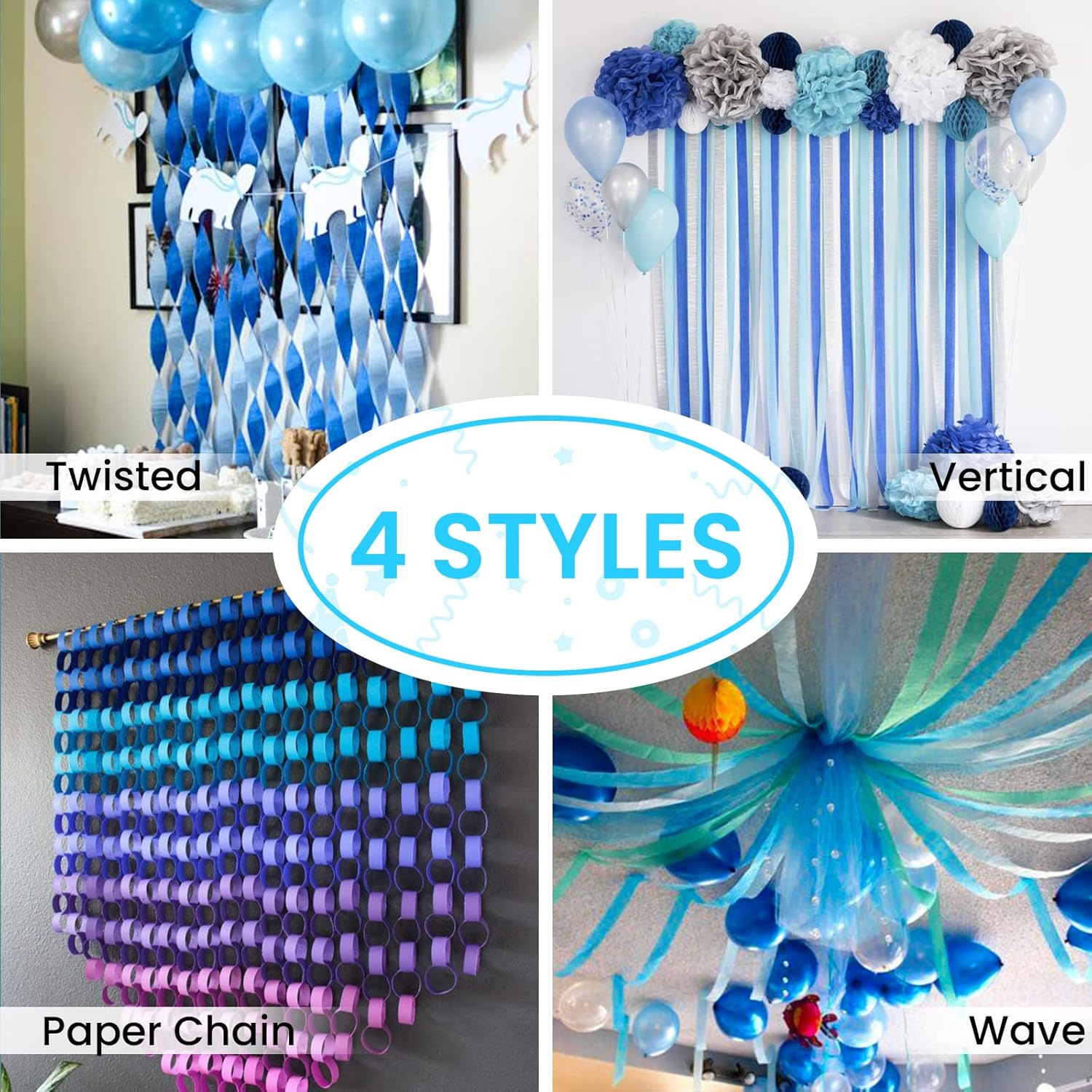 PartyWoo Crepe Paper Streamers 4 Rolls Light Blue