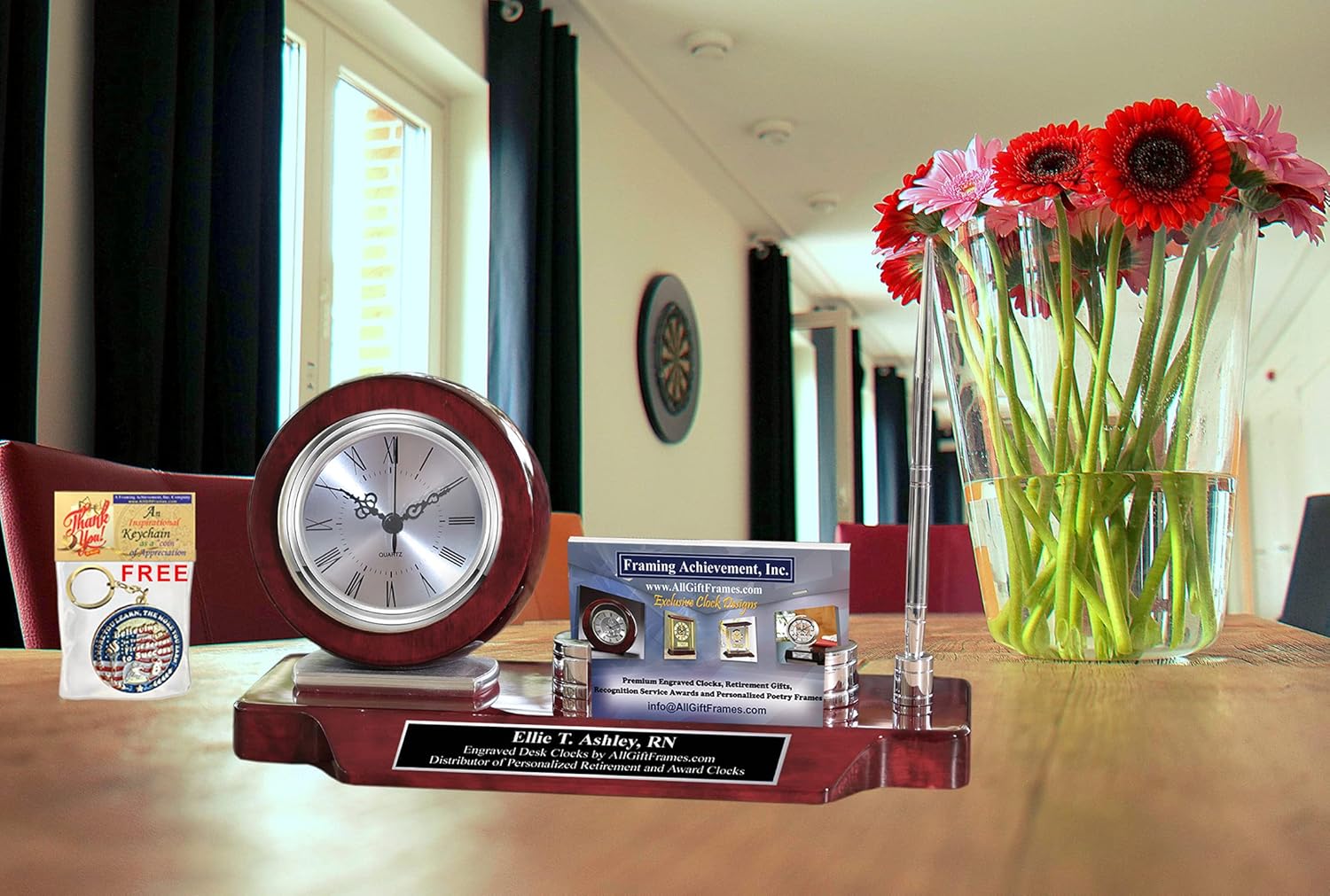 Custom Engraved Name Plate with Clock and Pen Holder Desk Organizer