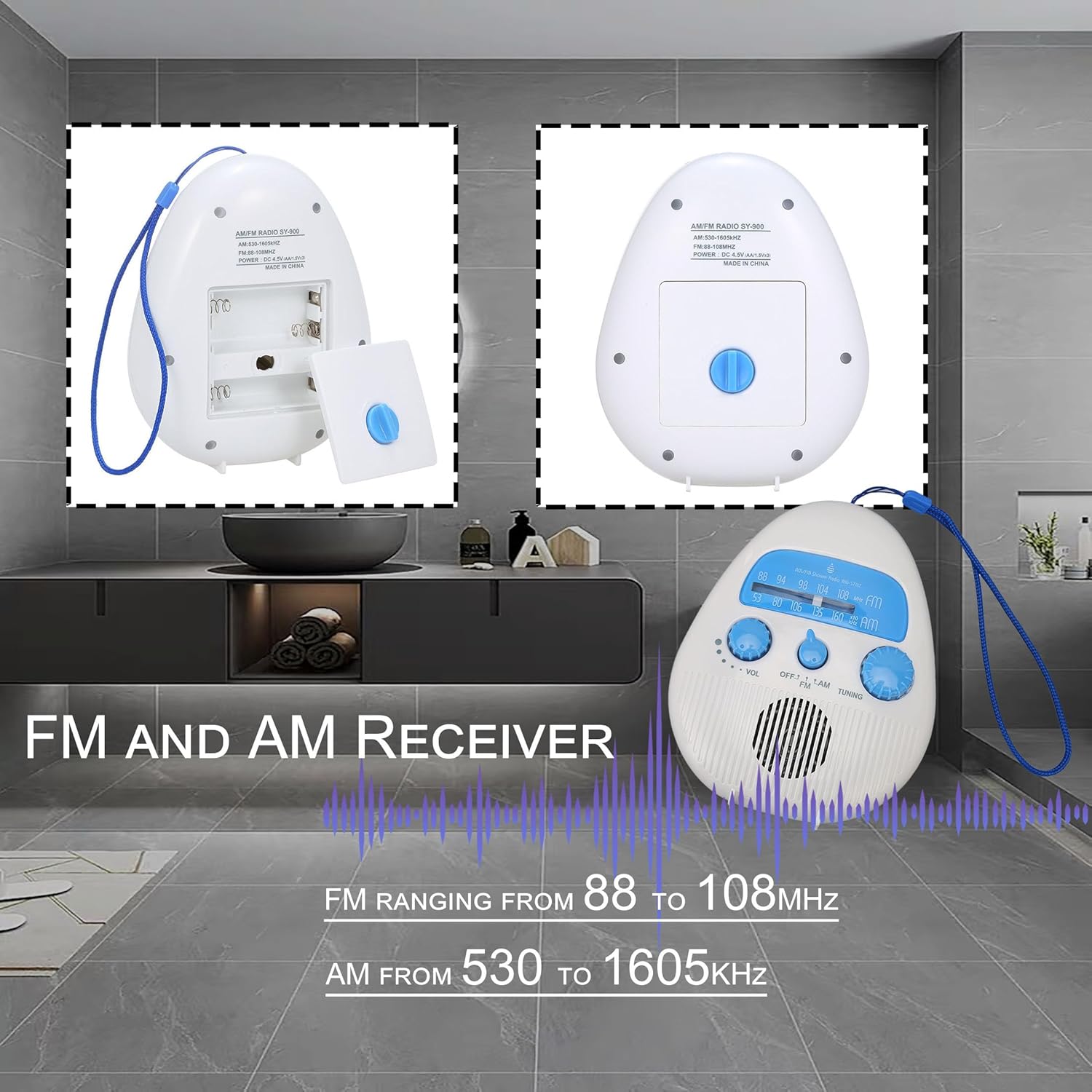 Shower Radio with AM FM Splash Proof and Rotating Knob