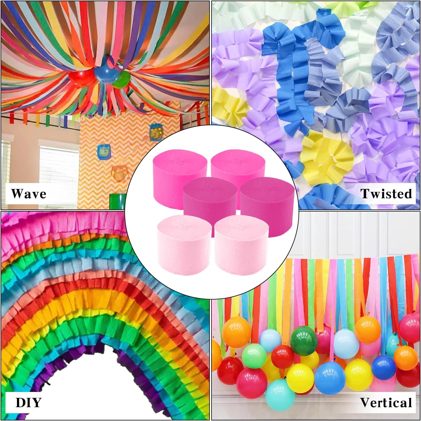 Crepe Paper Streamers - 6 Rolls 492ft Pink Party Decorations