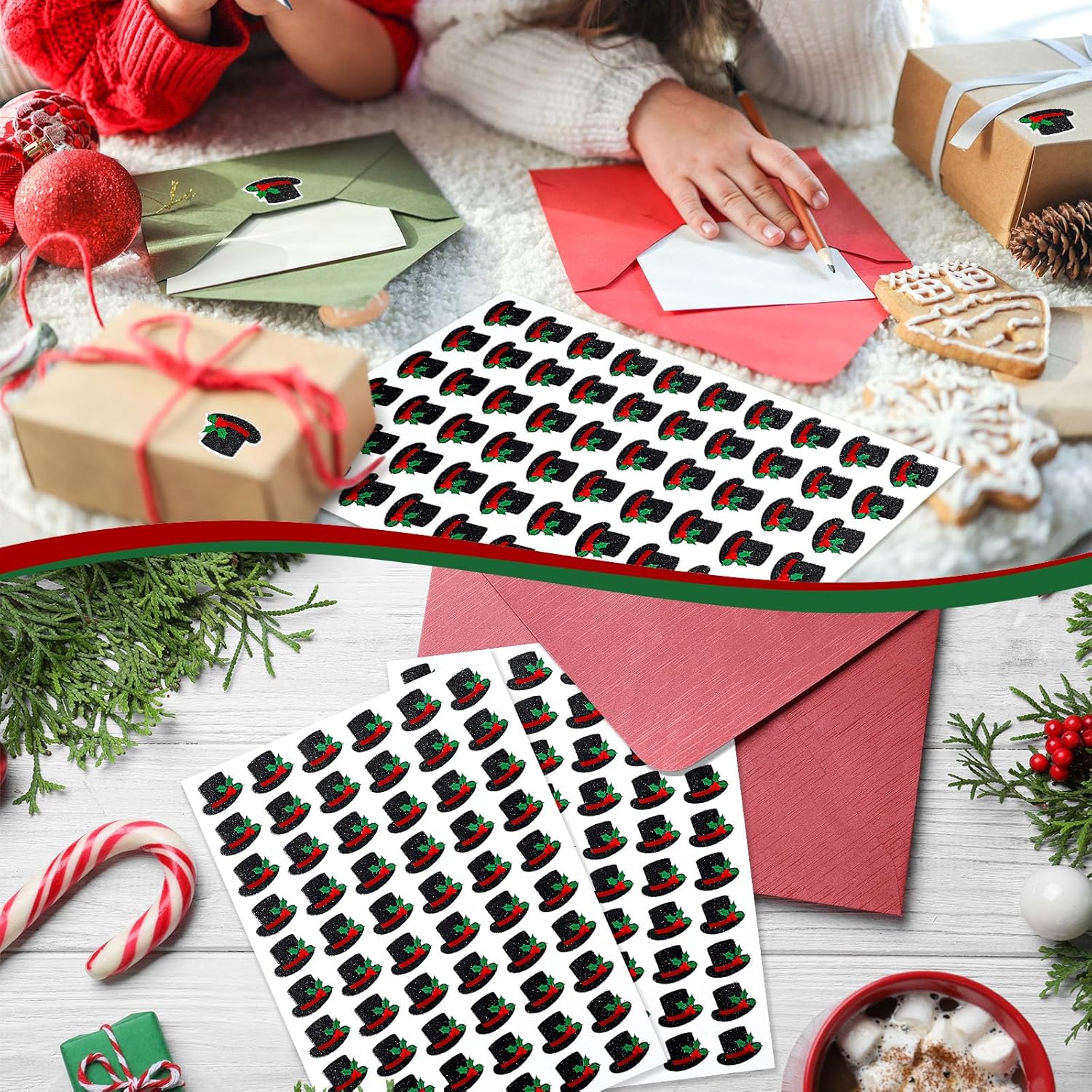 Honoson 600 Pcs Tiny Glitter Christmas Top Hat Stickers