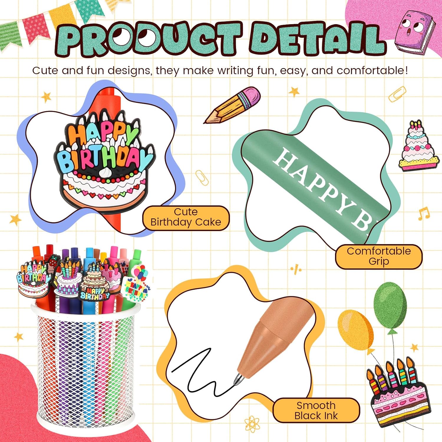 24 Pcs Birthday Themed Cute Pens Set