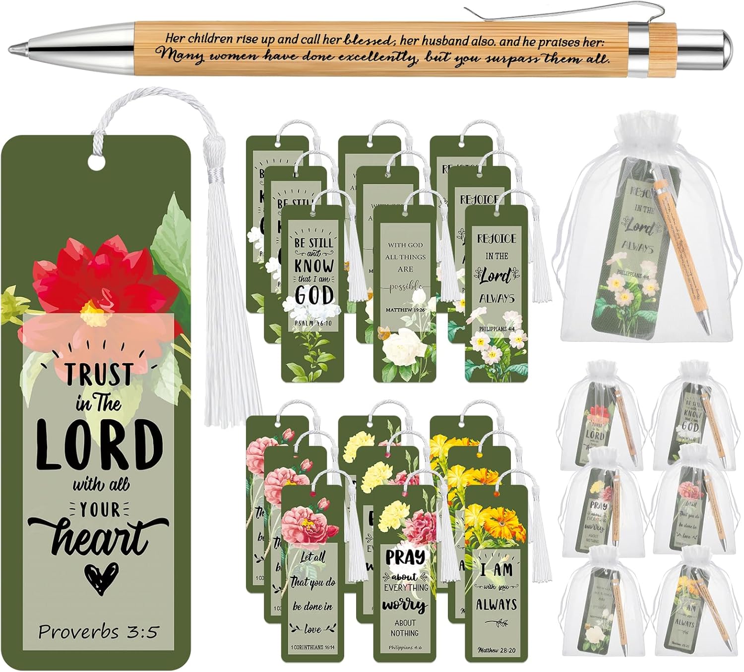 Spakon 35 Set Mothers Day Bible Verse Bookmarks Bamboo Pens Gift Bags