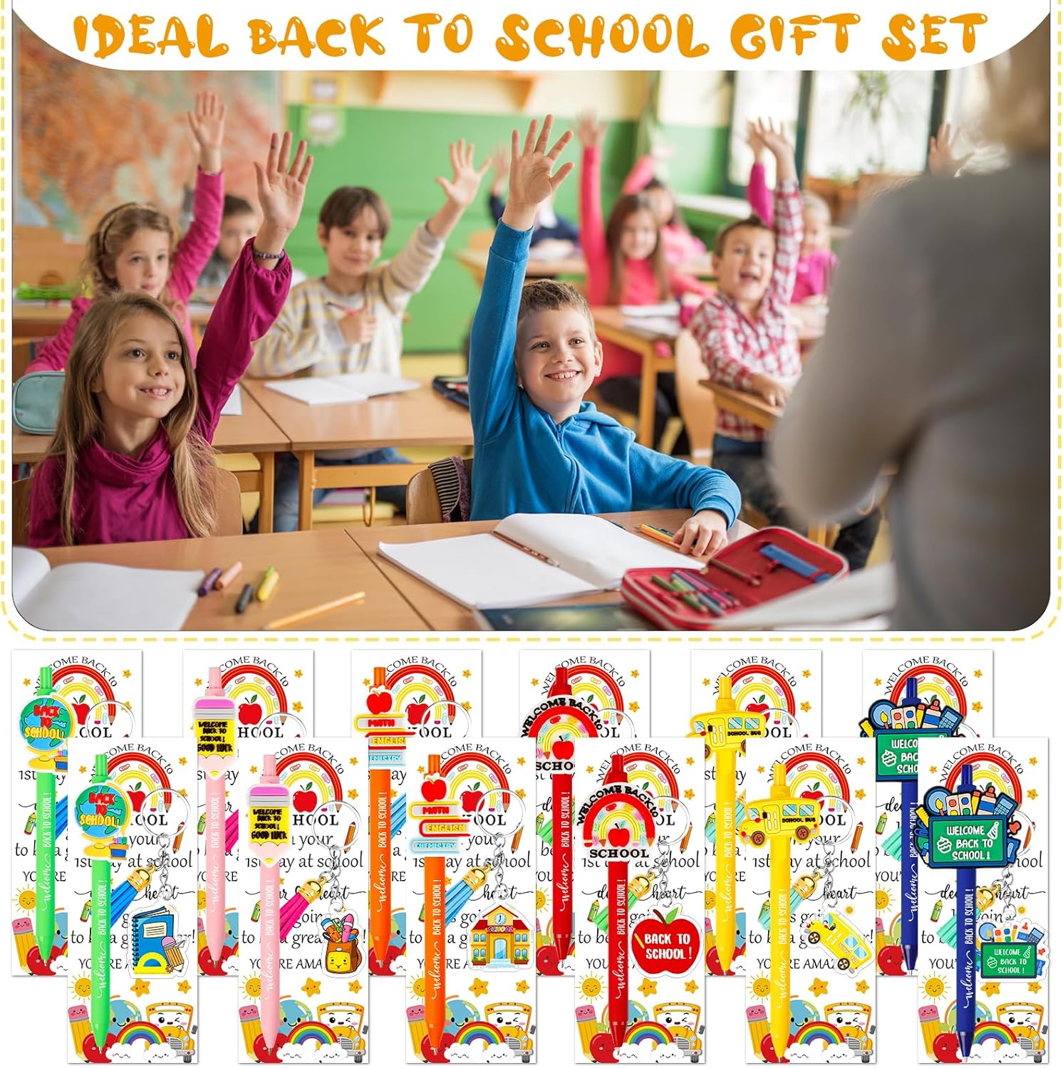 24 Piece Back to School Pens Keychains Greeting Cards Set