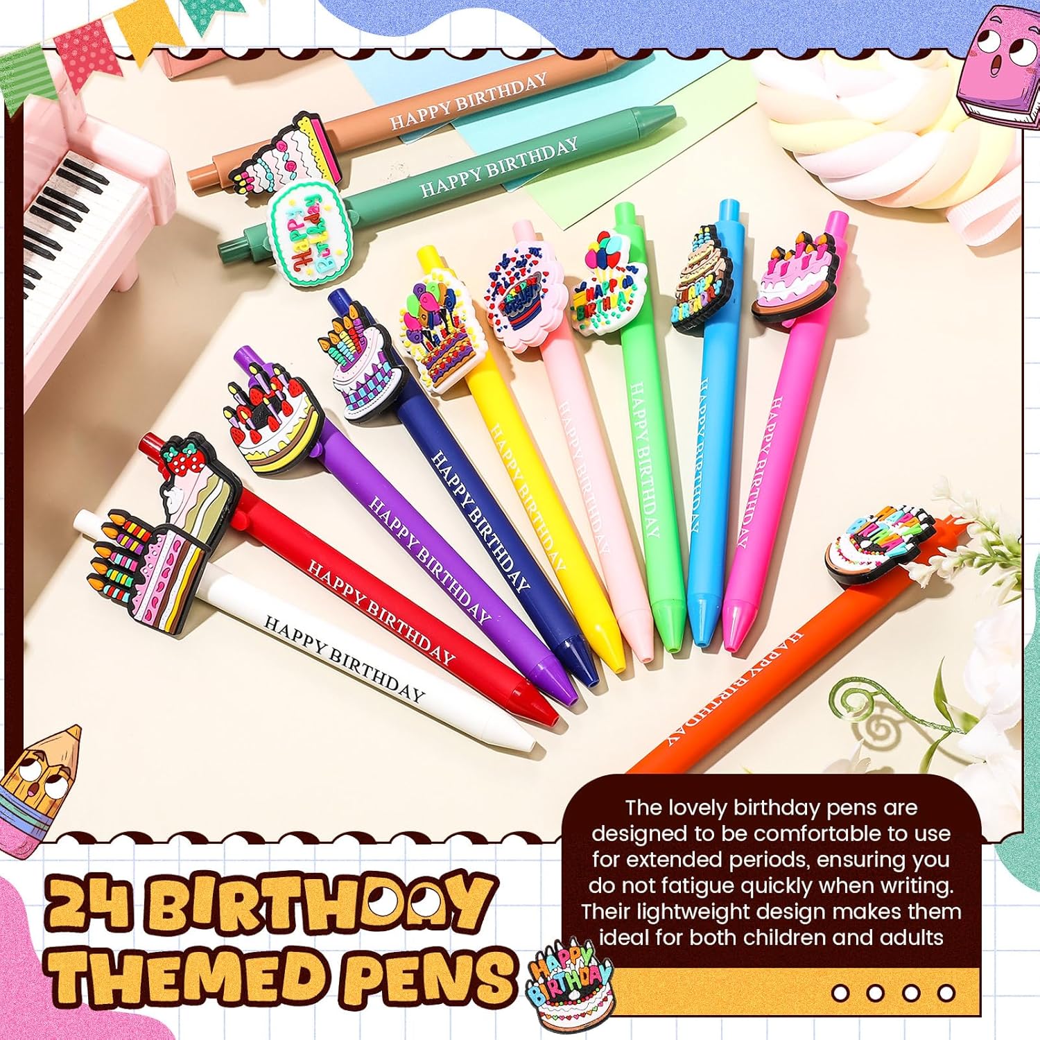 24 Pcs Birthday Themed Cute Pens Set