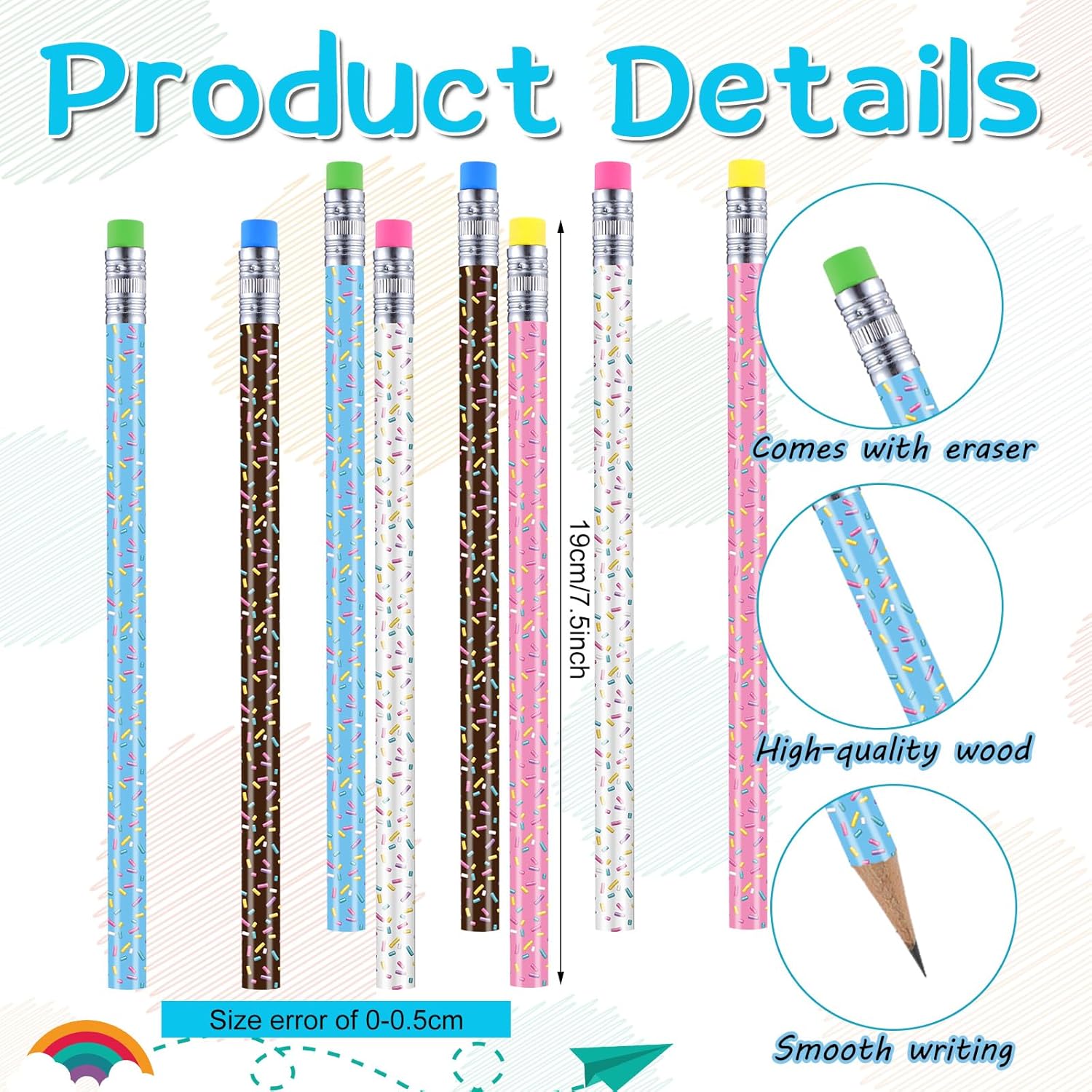 48 Donut Sprinkle Pencils with Erasers for Parties and School