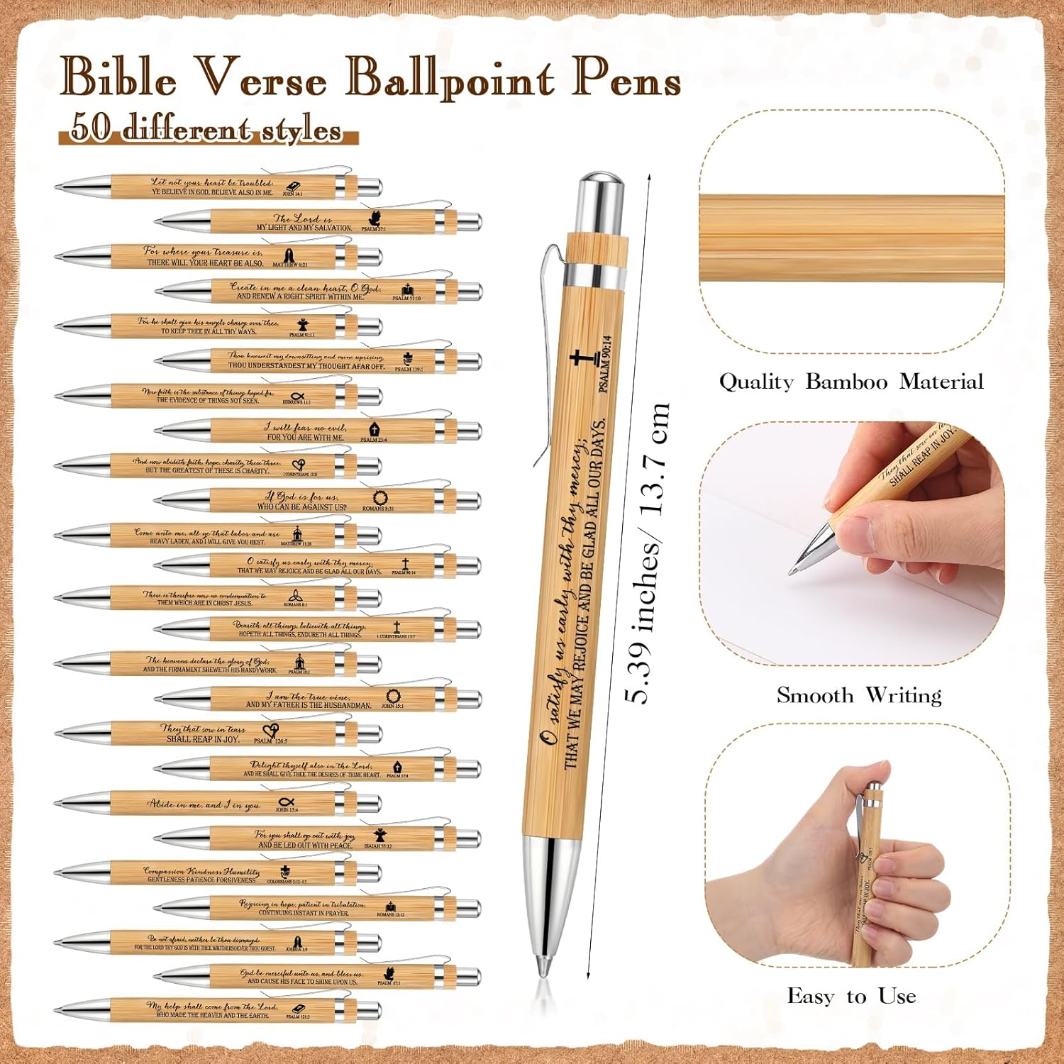 50 Set Christian Gift Bundle Bamboo Pens Scripture Keychains Bible Bookmarks