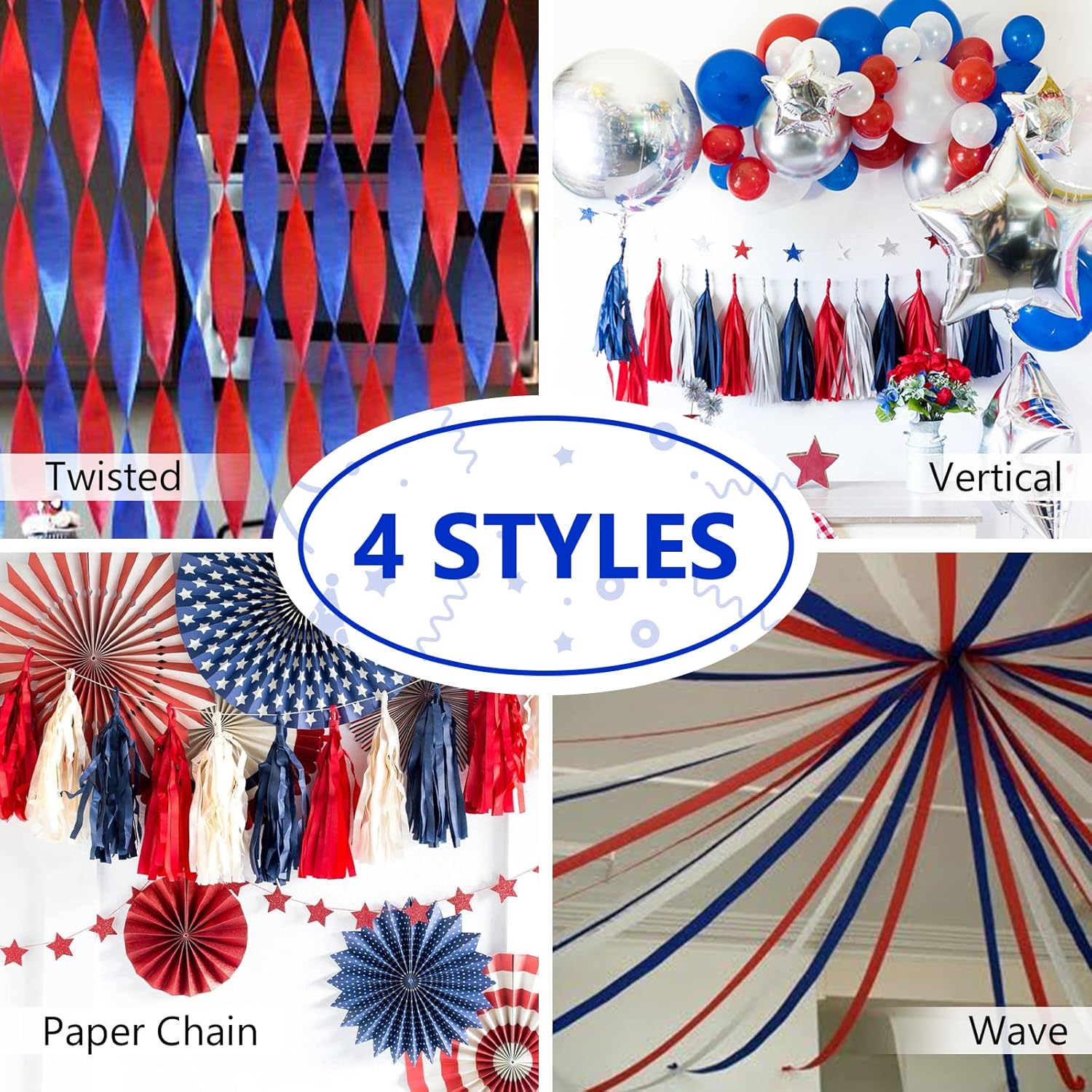 PartyWoo Crepe Paper Streamers 4 Rolls Red and Blue