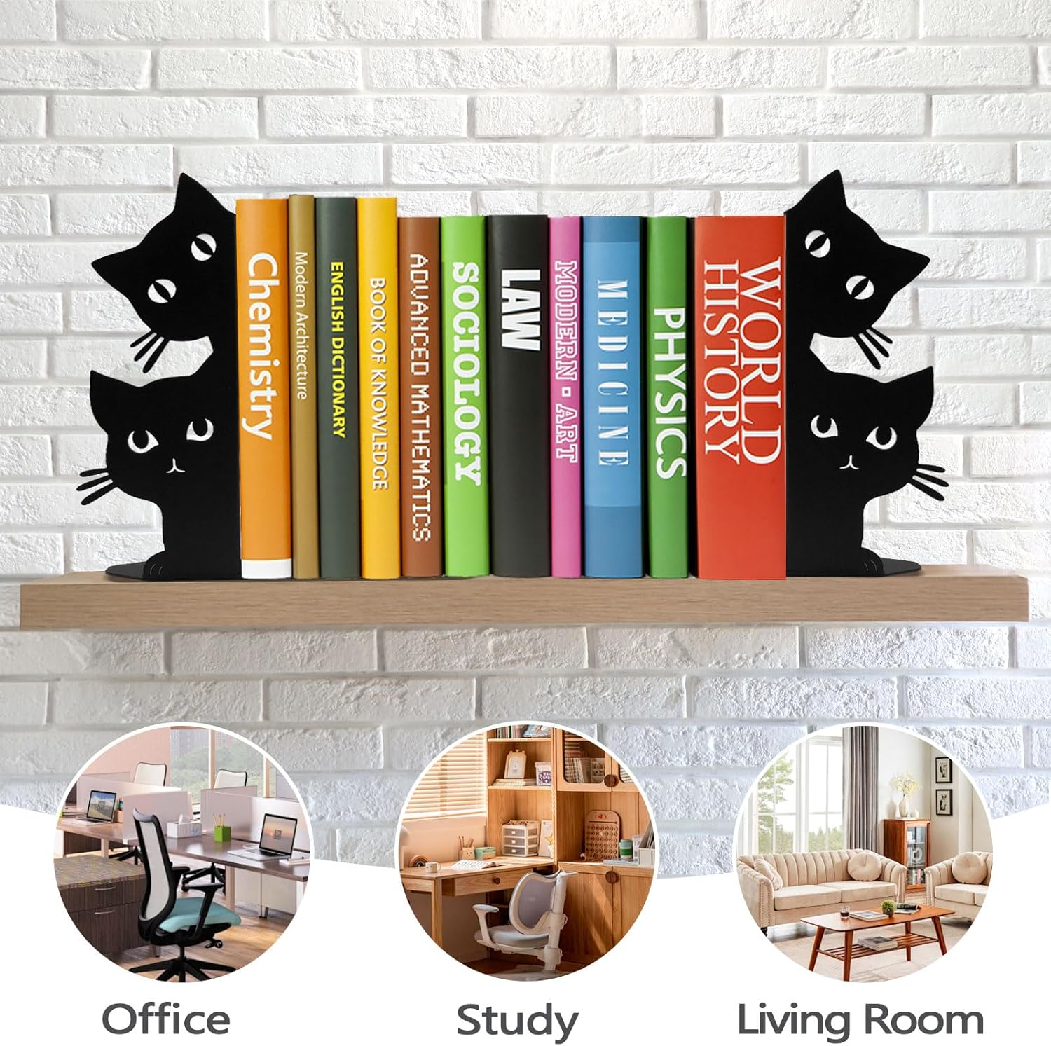 Peeping Cat Bookends for Shelves Decorative Black Metal