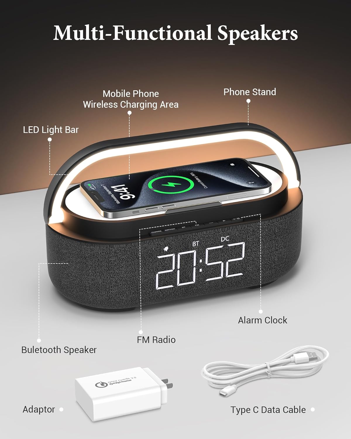 FREEFISH 6-in-1 Bluetooth Speaker with Wireless Charger and Night Light