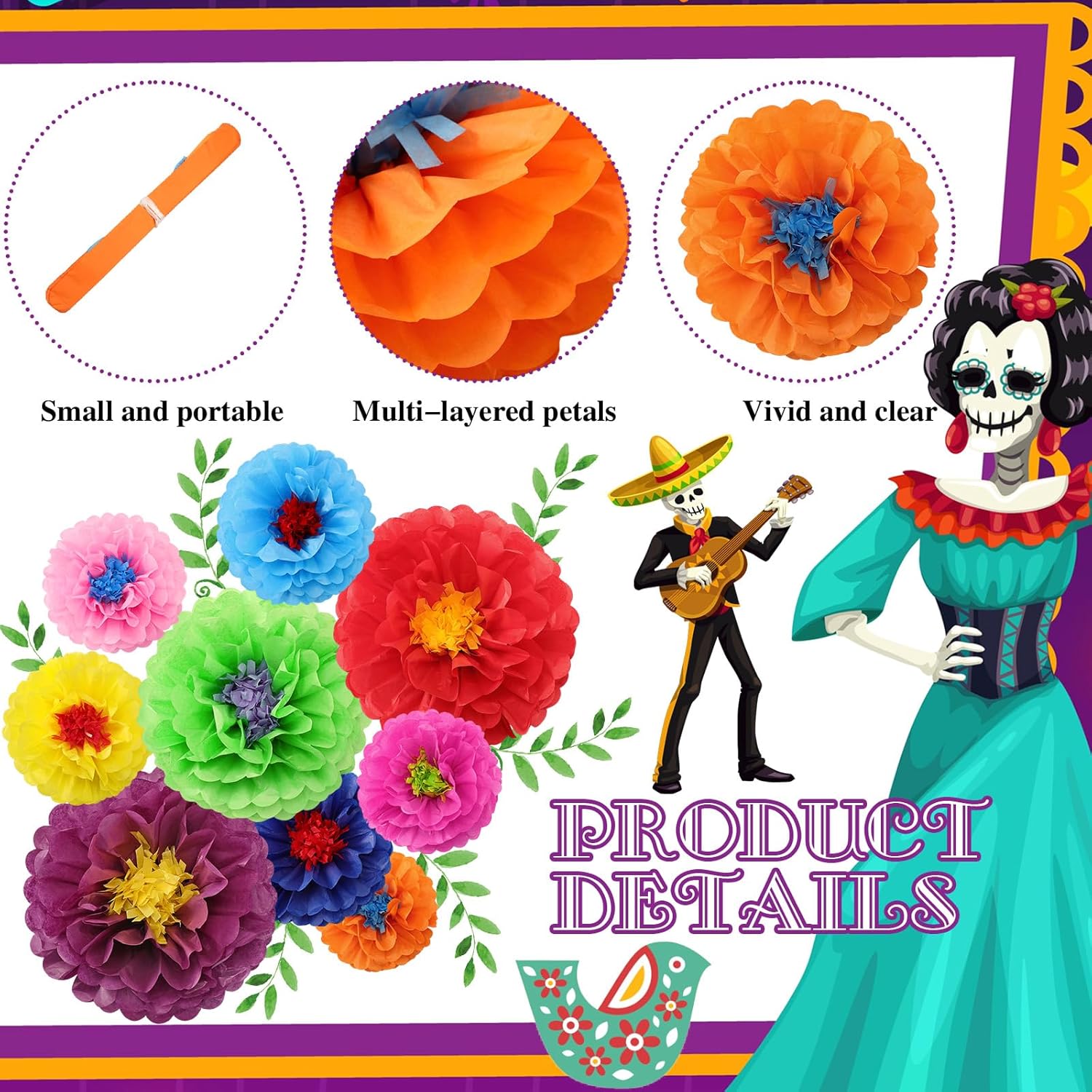 Geyee 27 Pcs Colorful Fiesta Tissue Paper Flowers