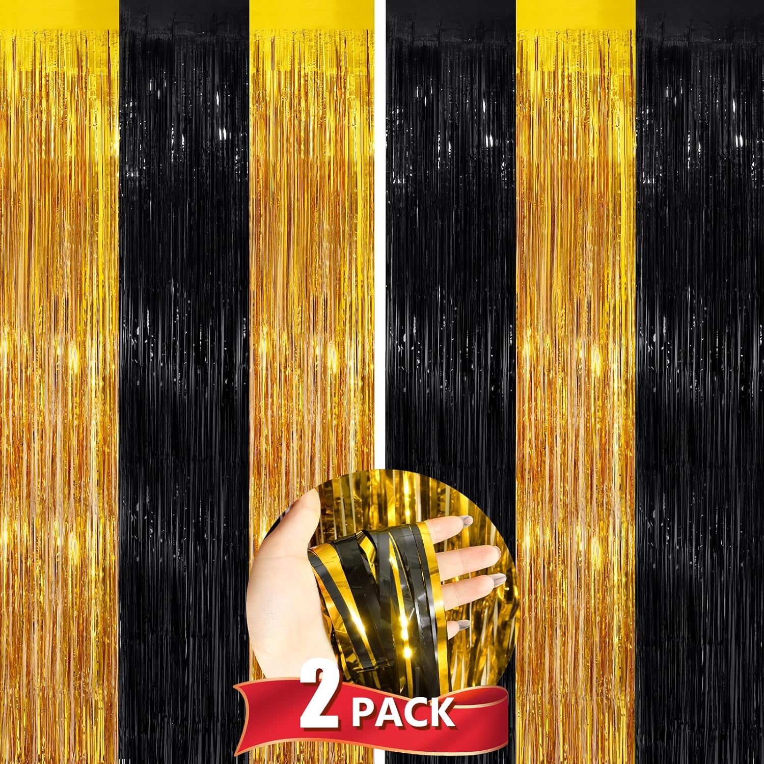 Black Gold Metallic Tinsel Foil Curtains 2 Pack