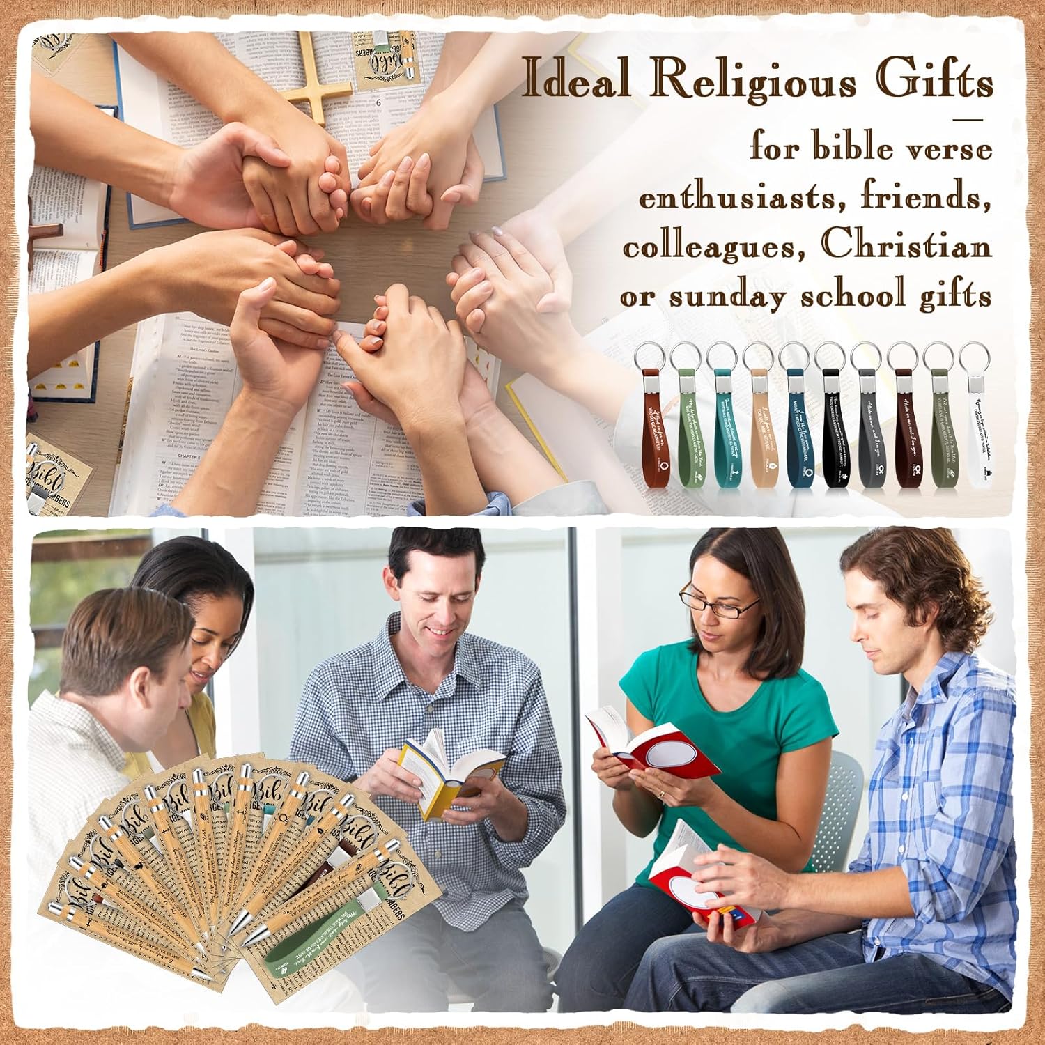 50 Set Christian Gift Bundle Bamboo Pens Scripture Keychains Bible Bookmarks