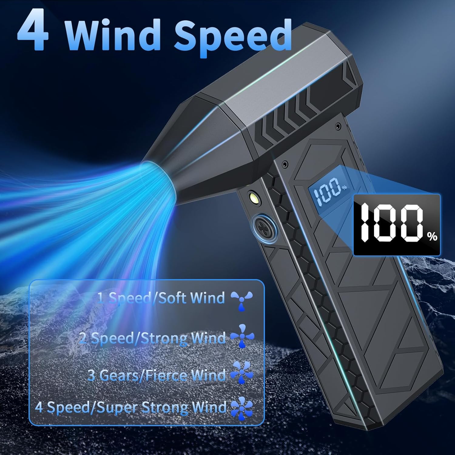 Electric Air Duster with LCD Screen and Flashlight - Black
