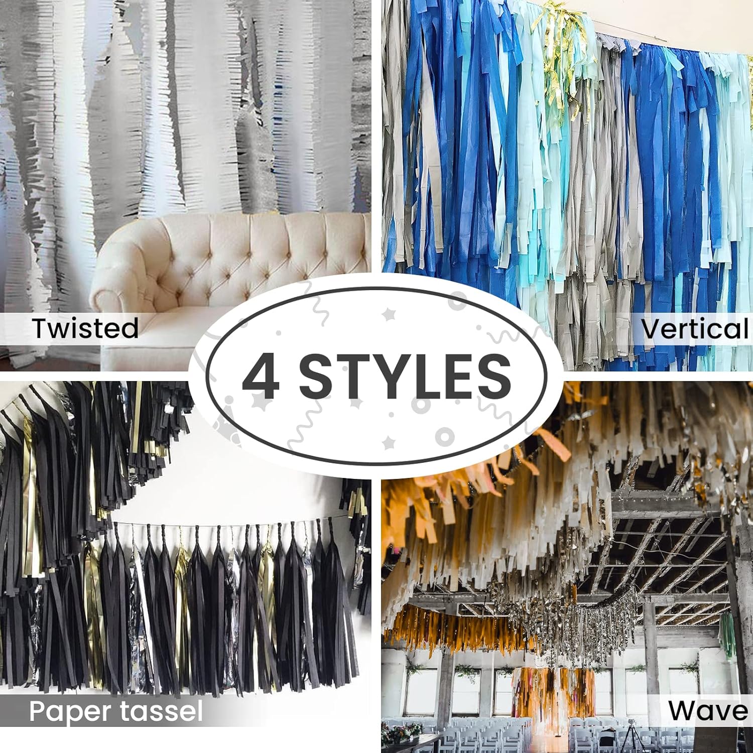PartyWoo Crepe Paper Streamers 4 Rolls Silver 328ft Total