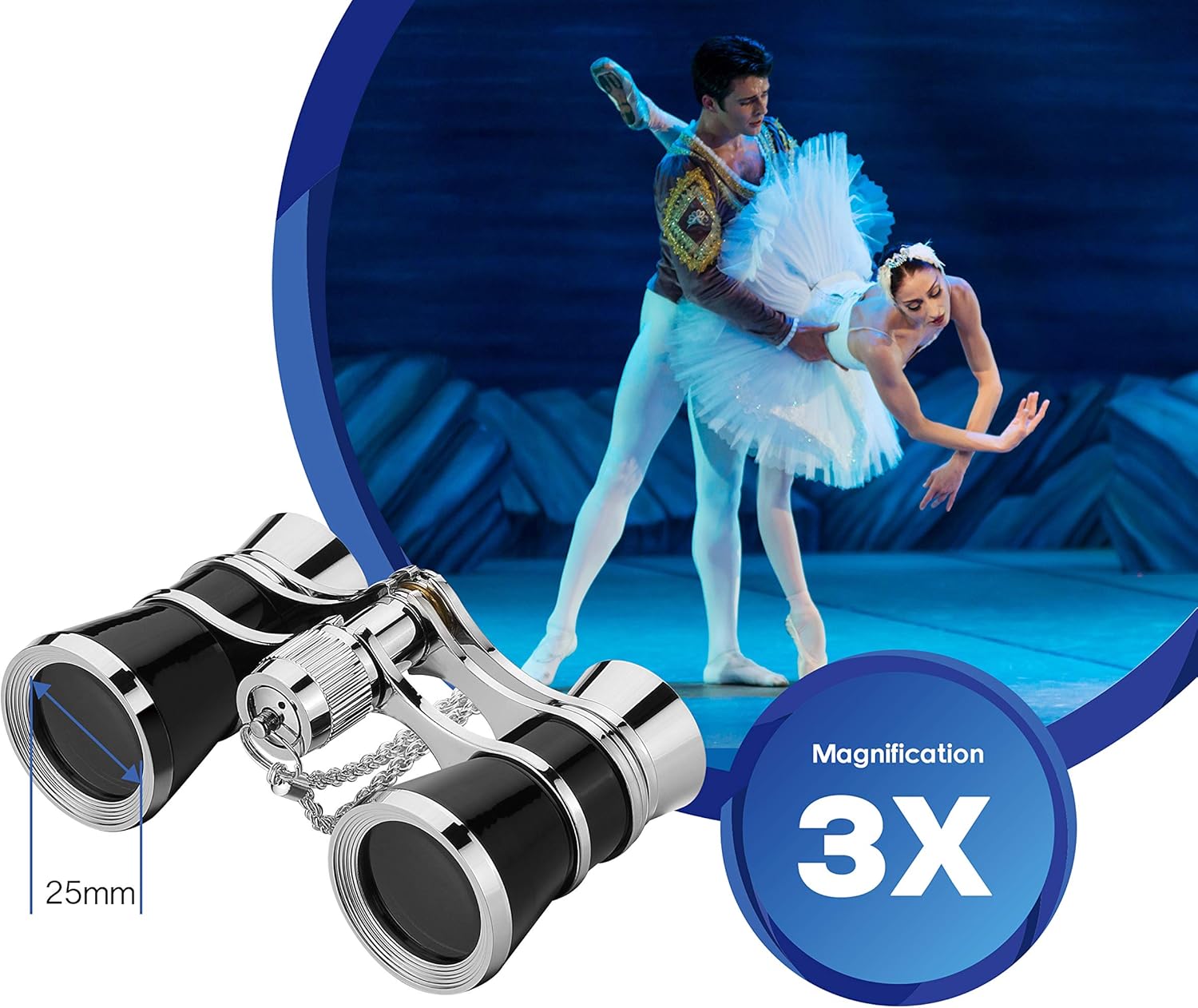 Aomekie 3X25 Opera Binoculars Compact Folding with Chain for Adults