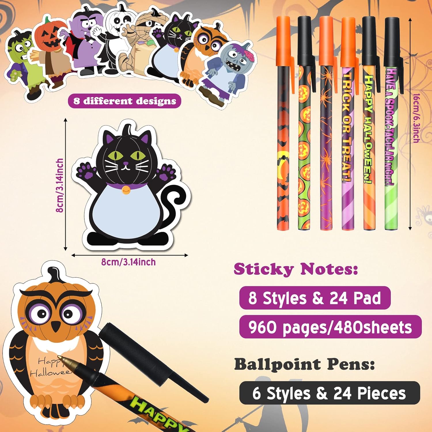 480 Sheets Halloween Sticky Notes Set with 24 Pens