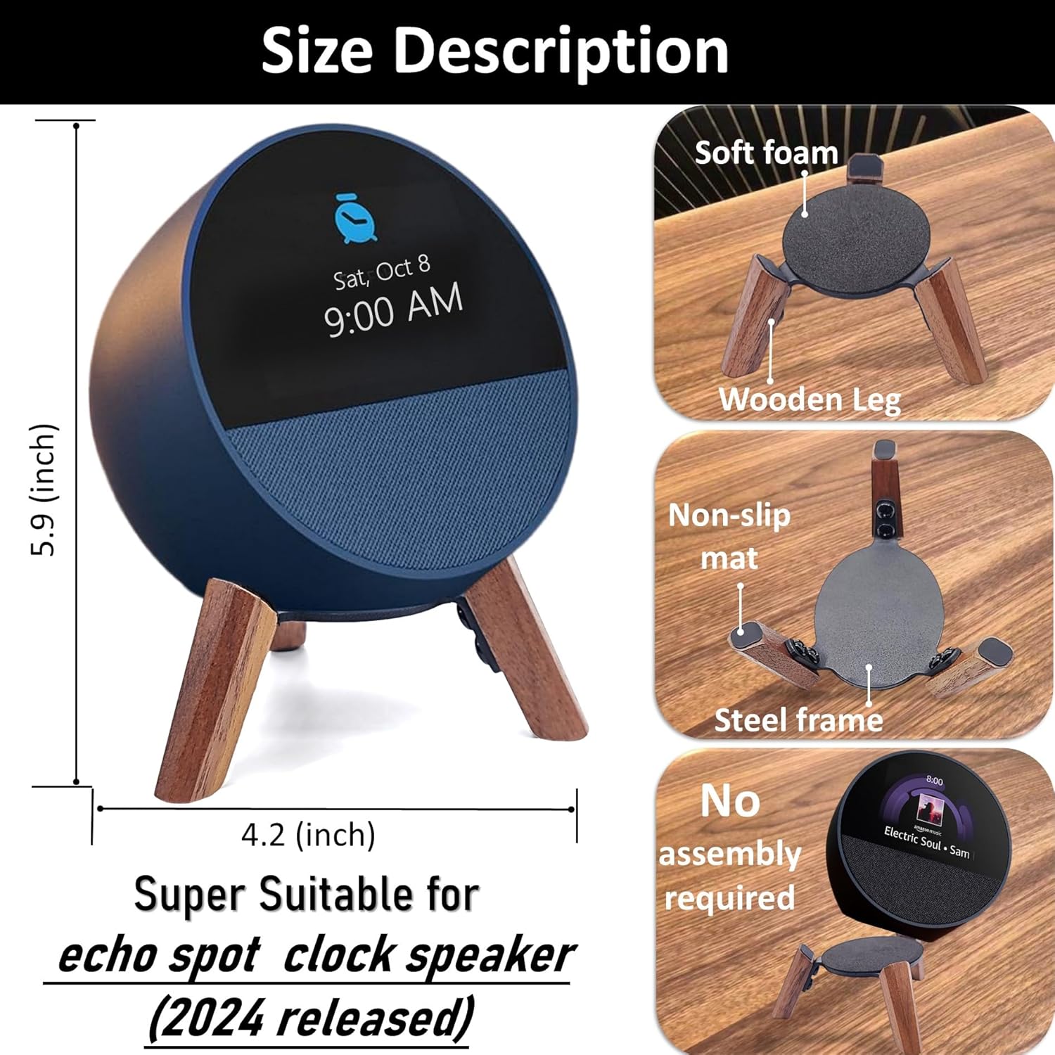 Real Wood Stand for Echo Spot 2024 Smart Clock