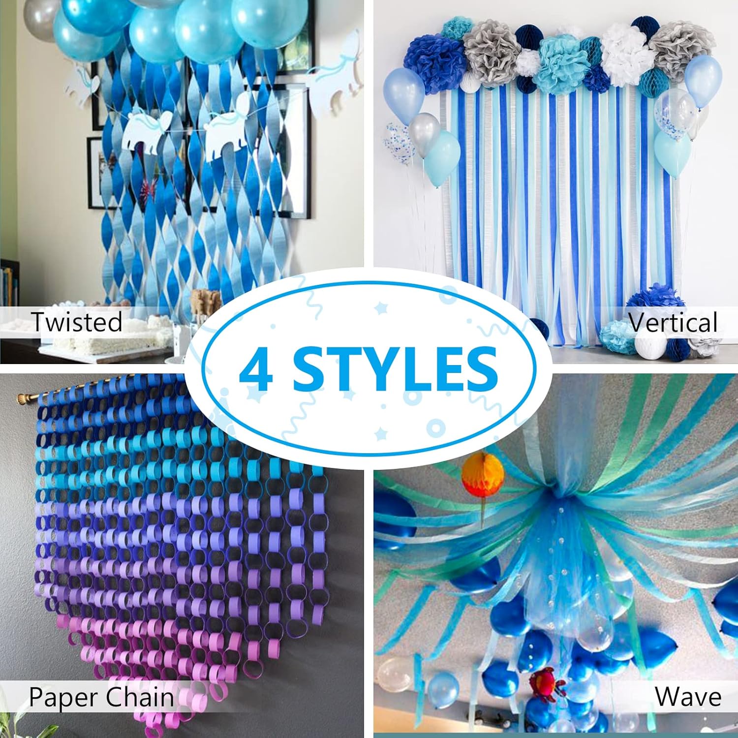 PartyWoo Crepe Paper Streamers 4 Rolls Blue White Decorations