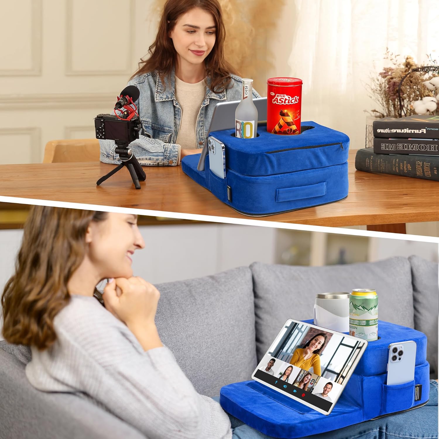 Couch Cup Holder Tray Pillow - Bed Sofa RV Car Compatible