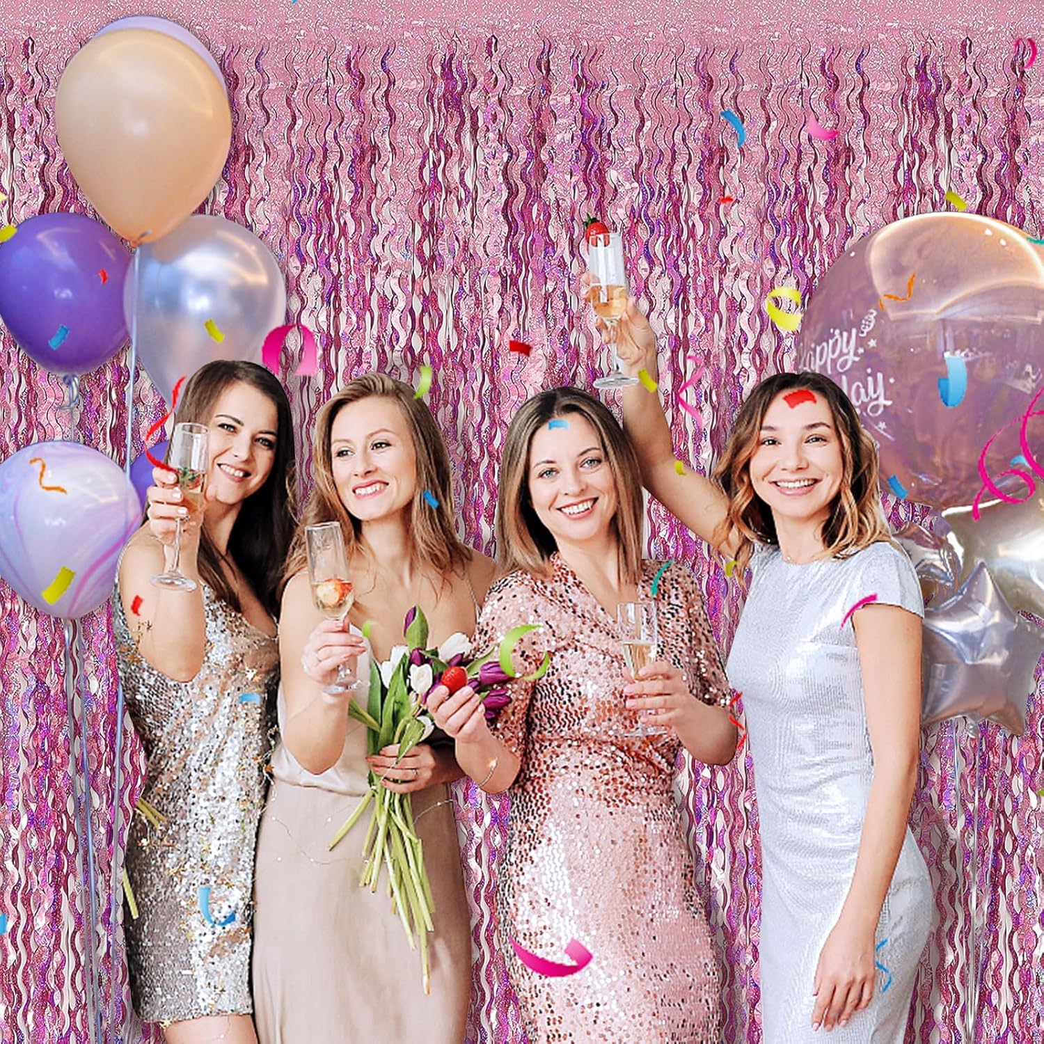 Pink Wavy Tinsel Foil Curtain Backdrop