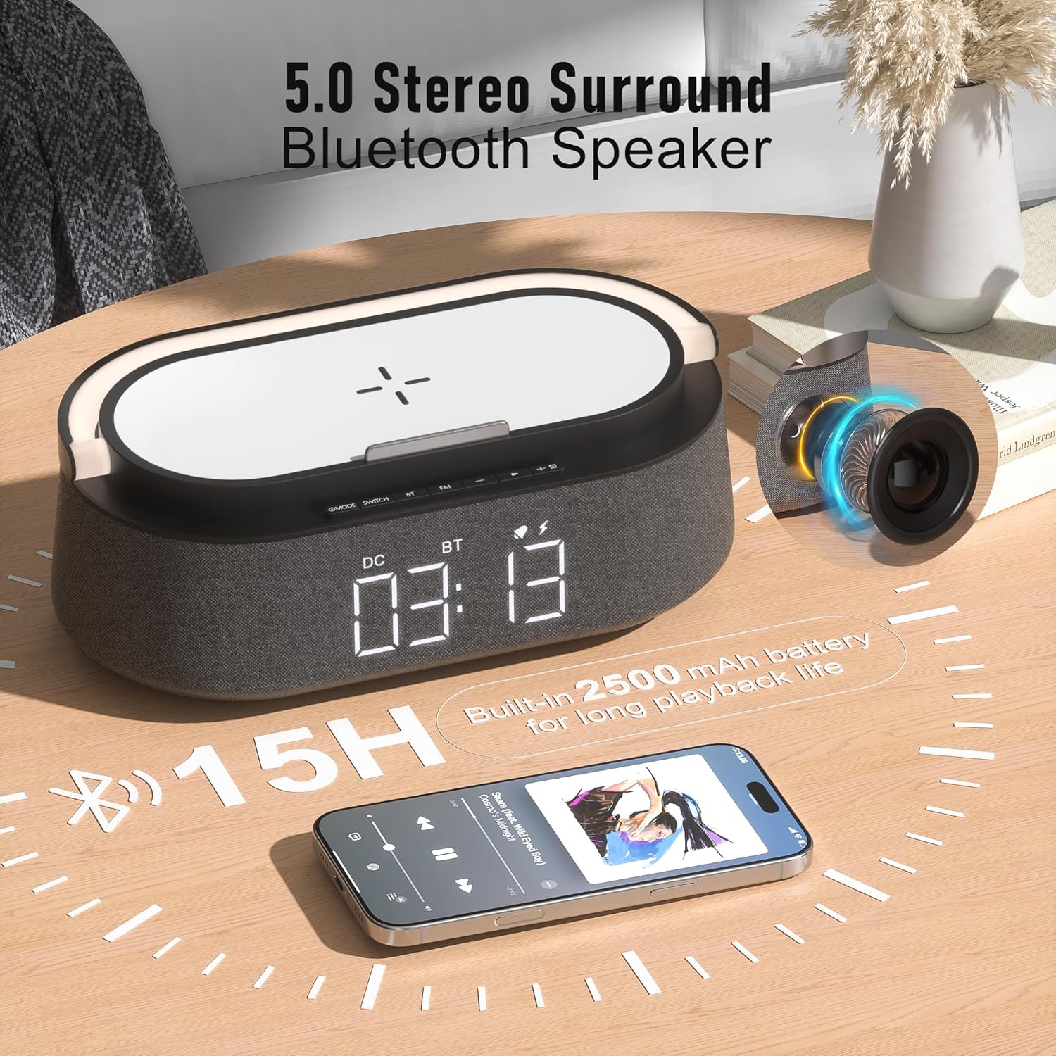 FREEFISH 6-in-1 Bluetooth Speaker with Wireless Charger and Night Light