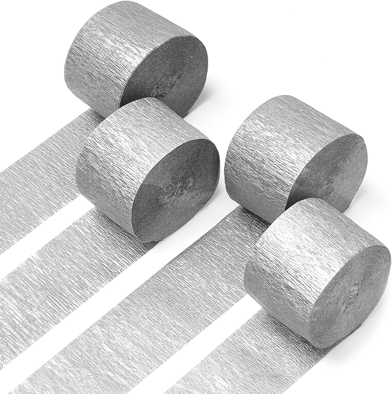 PartyWoo Crepe Paper Streamers 4 Rolls Silver 328ft Total