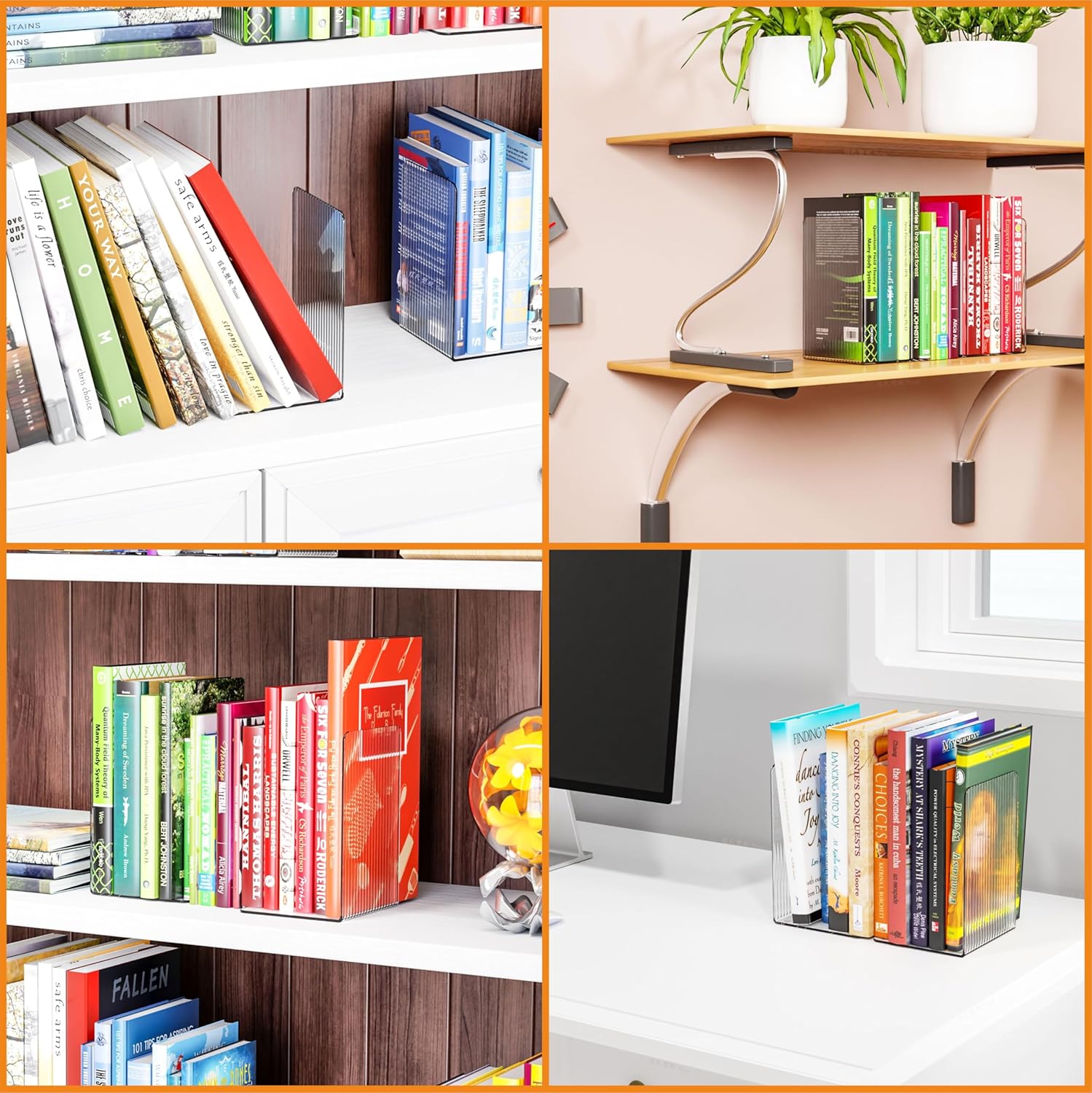 SUOXING 4 Piece Clear Acrylic Bookends for Shelves