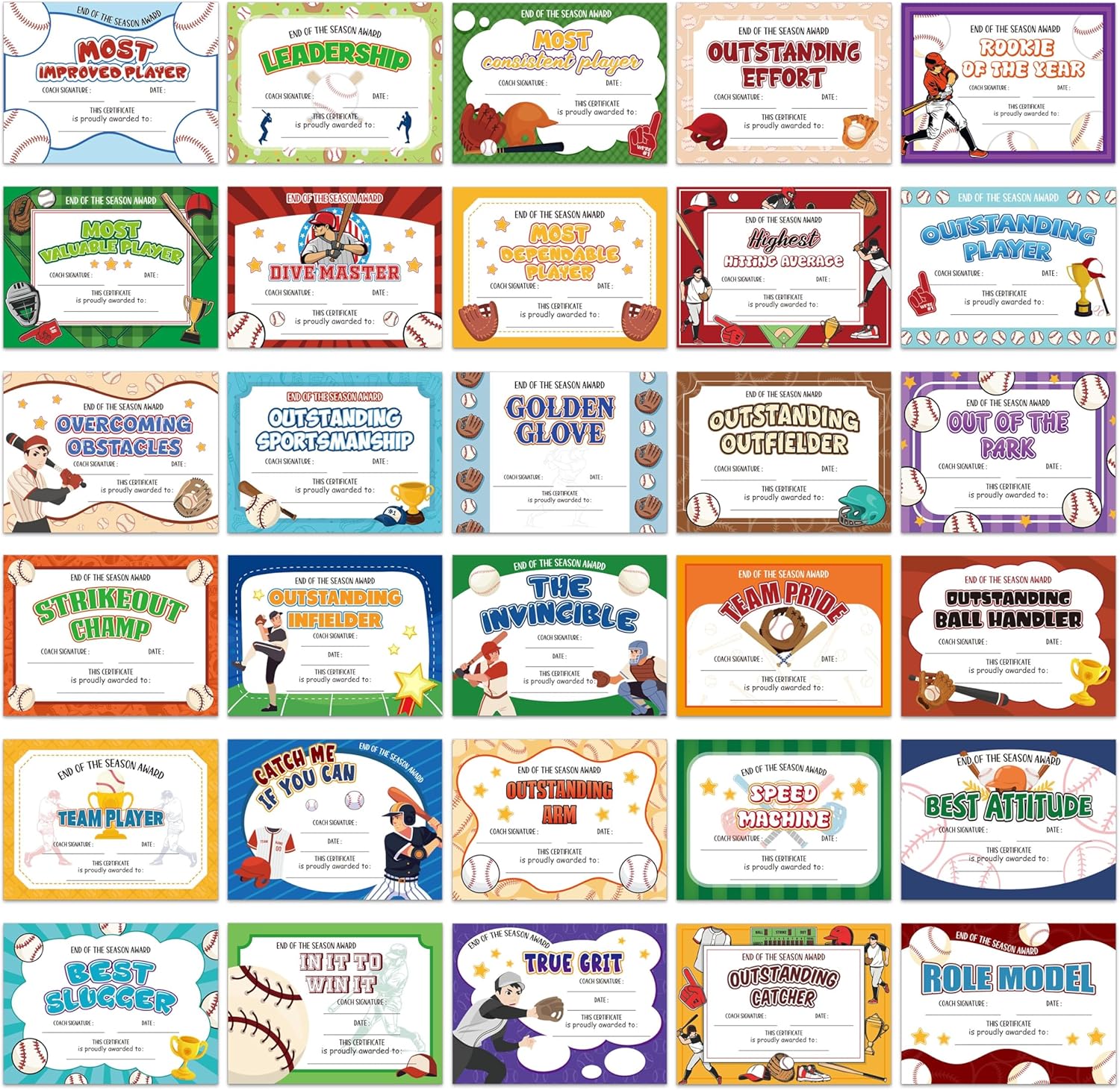 Baseball Achievement Certificates 60Pcs Set