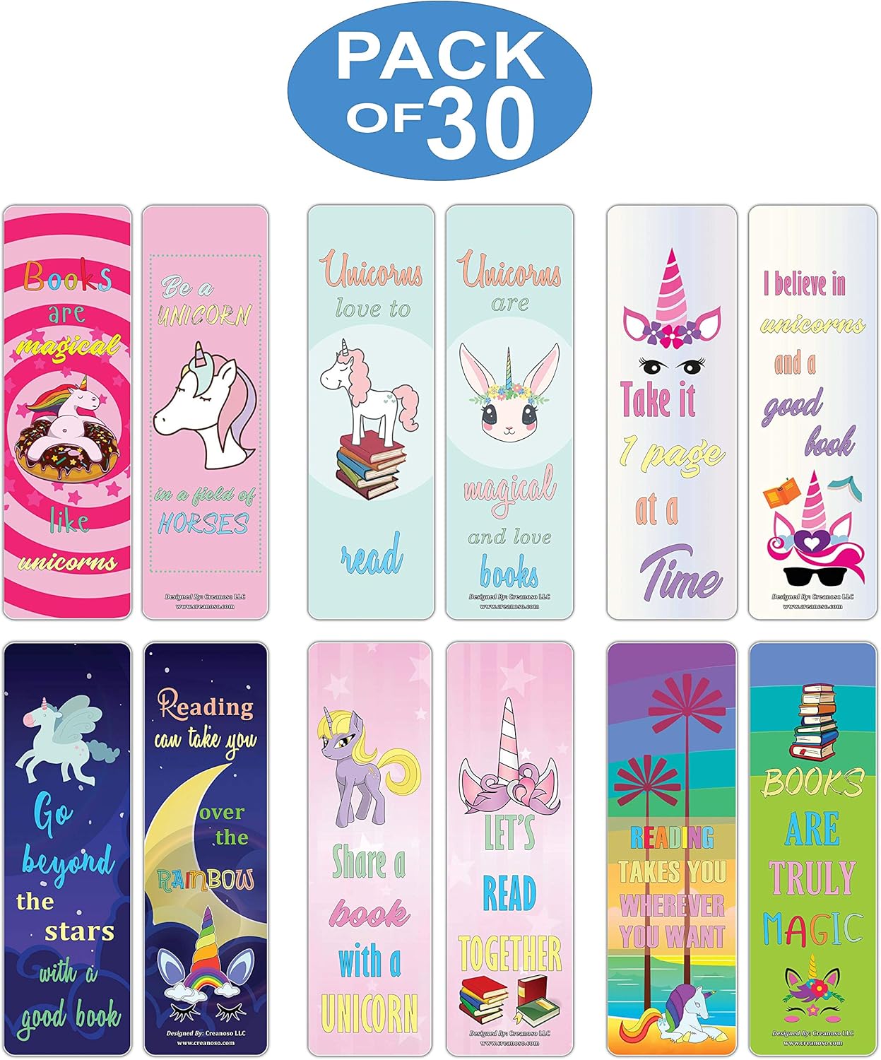 Creanoso Cool and Amazing Unicorn Bookmarks 30-Pack