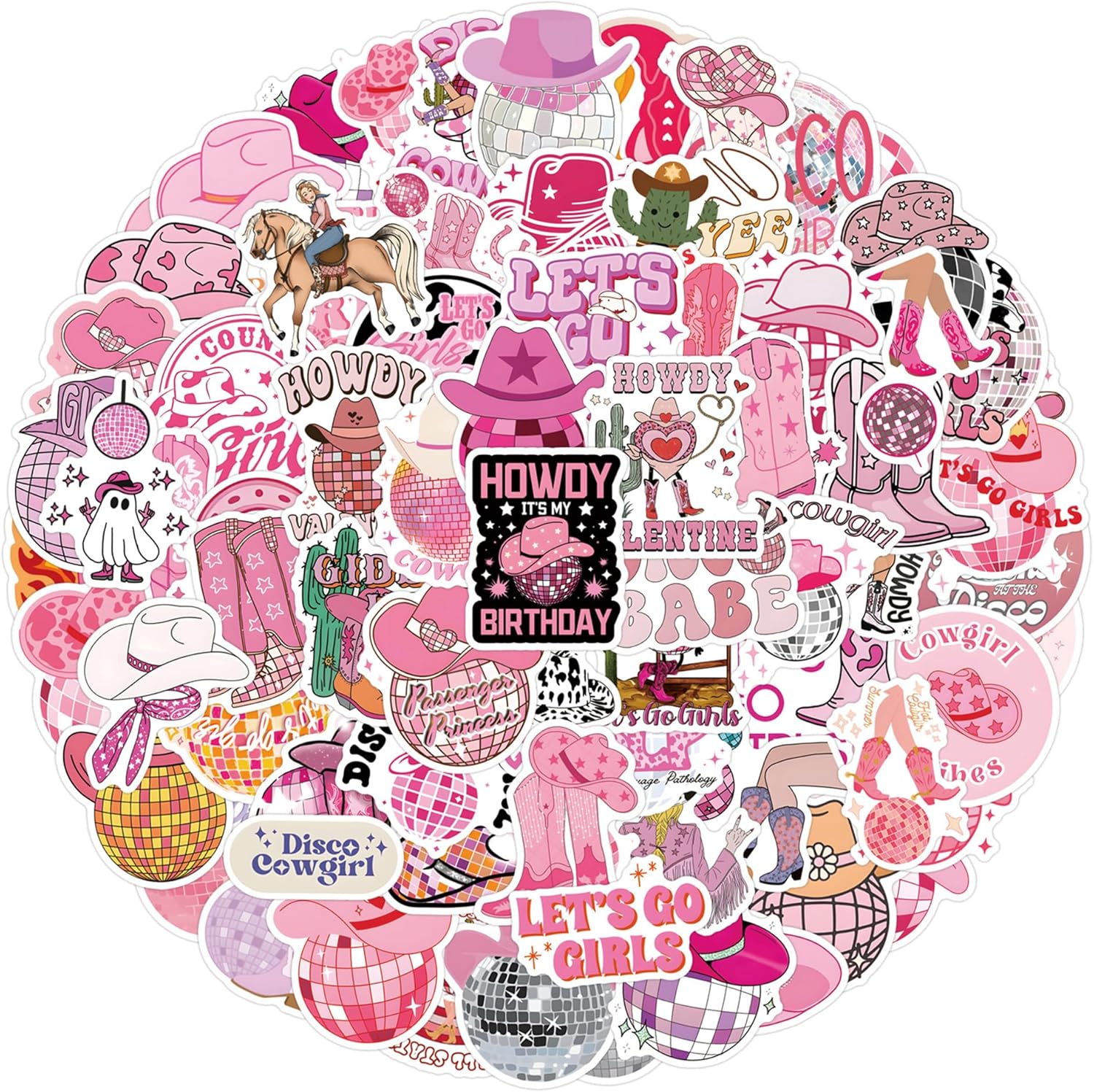 Disco Cowgirl Stickers 110PCS Pack Pink Vinyl Decals