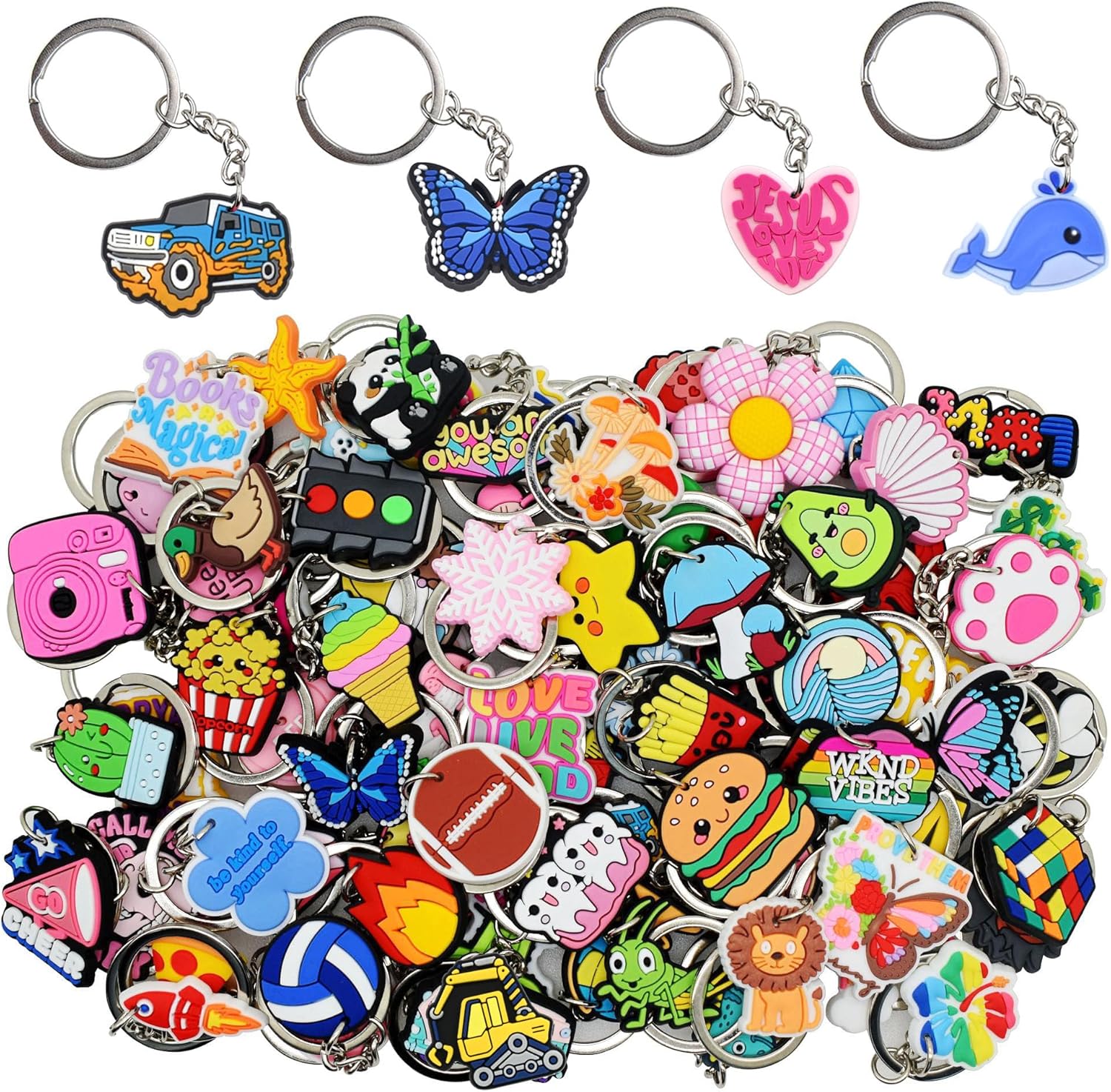 Gibleitz 30 50 100 200pcs Mixed Keychains Classroom Rewards Keyrings