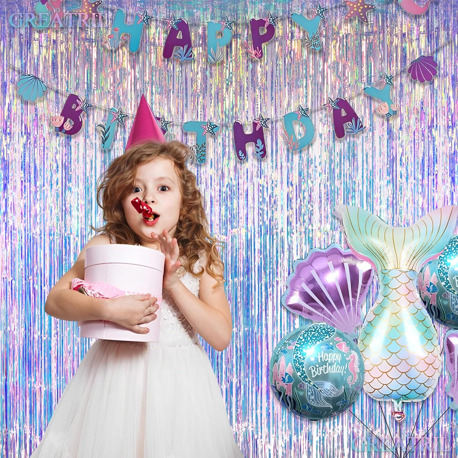 GREATRIL Iridescent Party Streamers Backdrop 2 PCS