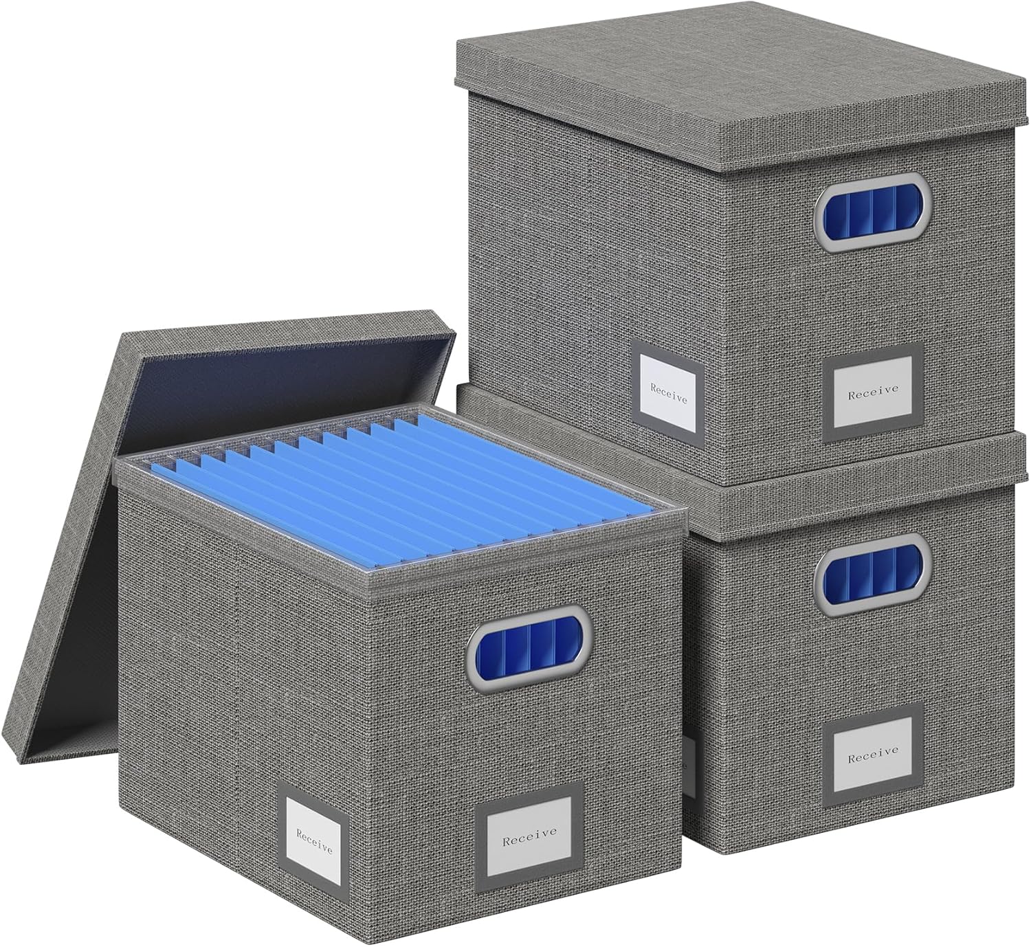 3-Pack File Organizer Box with Lid and Hanging Folders - Grey