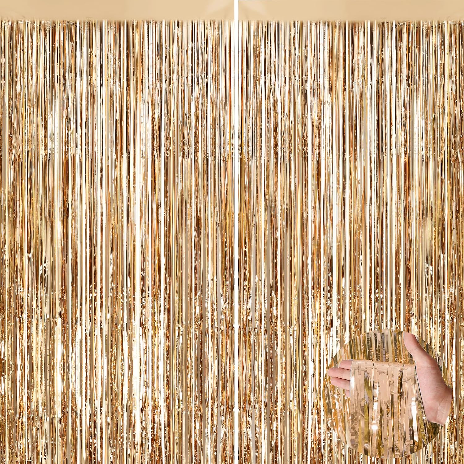 Champagne Gold Metallic Tinsel Foil Curtains 2 Pack