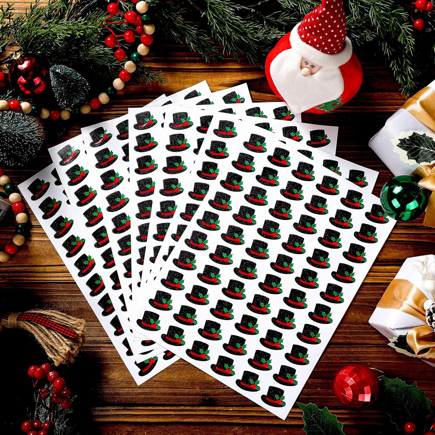 Honoson 600 Pcs Tiny Glitter Christmas Top Hat Stickers